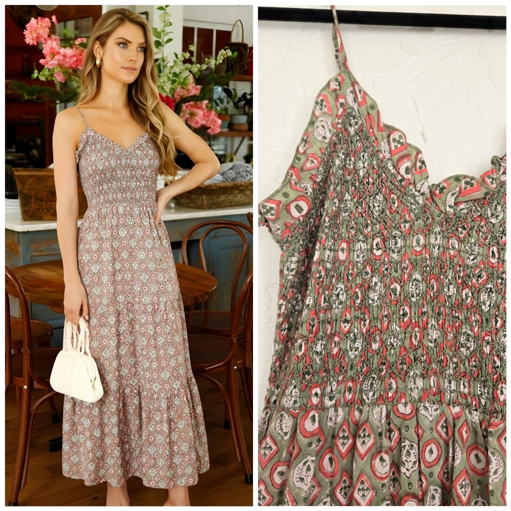 Anna Cate Smocked Boho Green Red Patterned Dress, M